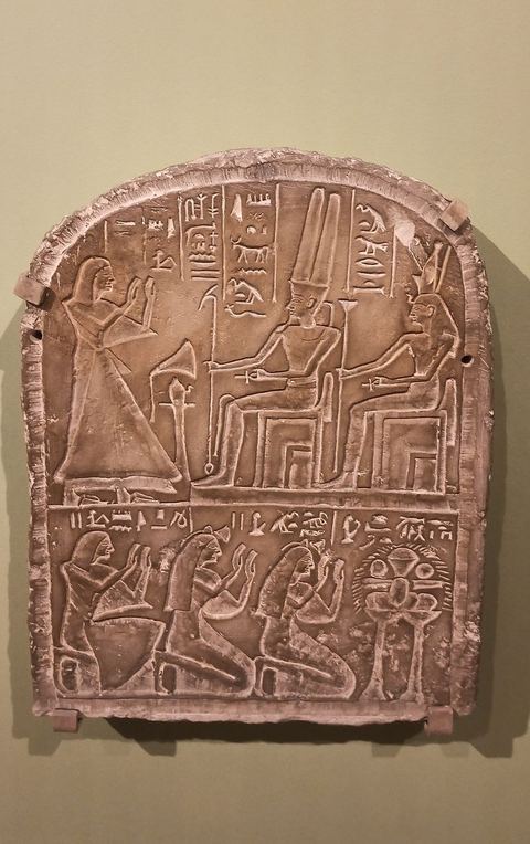 Egyptian Stela housed at the Ashmolean Museum, Oxford, on which the royal scribe Nebamun, worships Amun-Re and Mut. Meatnet Gurob, New Kingdom, 19th Dynasty.