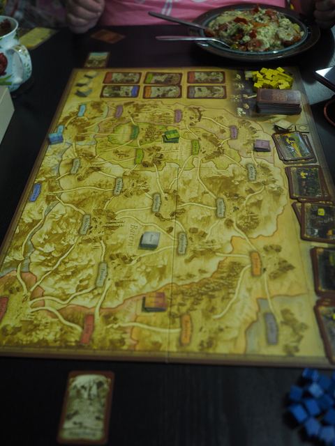 A two-player game of Thurn and Taxis played at a private apartment at about fifteen hours to midnight (local time).