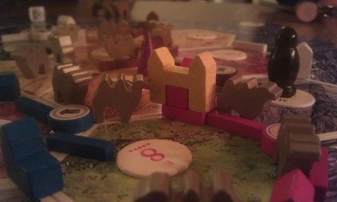 Catan Barbarians and Traders combined with Cities and Knights:The Caravans is a variation, originally released as a separate (German-only) mini-expansion, which introduces three caravan routes heading forth from a desert oasis. Whenever a settlement is built or upgraded, a voting round occurs for the right to place a camel on the board. For each vote, a player pays one wheat or one sheep (in Cities and Knights, bricks or logs are used instead). Camels are placed starting at the oasis hex (replacing the desert hex in this scenario) on the road network, and must be either adjacent to other camels or adjacent to one of the three indicated intersections on the oasis tile. Camel routes may never branch, though two or all three of the camel routes may join together. Settlements and cities on a camel route are worth an additional victory point, and roads, bridges, or ships (unlike real camels, when combined with Seafarers these camels can swim) with camels count double for the purposes of Longest Road.