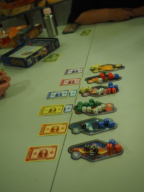 A six-player game of Las Vegas played at a board game camp in Kirkkonummi, Finland at the end of play.