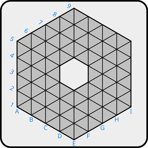 Blank hexagonal board with triangular grid for TZAAR . There are 60 intersections / nodes / spaces for 60 player pieces, 30 each for black / white. Coordinate labeling system not used on regular game board. http://www.gipf.com/tzaar/rules/rules.html