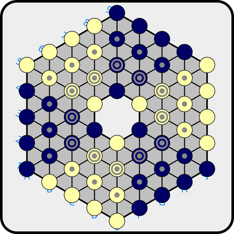 Hexagonal board with triangular grid for TZAAR ; this is an alternative non-random starting position. Typically players collaborate in initial setup by placing the 60 pieces on the 60 nodes in a random fashion, then draw to determine who plays first (as White). Coordinate labeling system not used on regular game board. http://www.gipf.com/tzaar/rules/rules.html