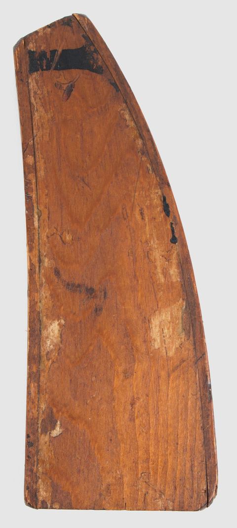Trench art wooden cribbage board, WW1; possibly made from rifle butt; inscribed with location made "HILL 63 - MESSINES - JUNE 1917"