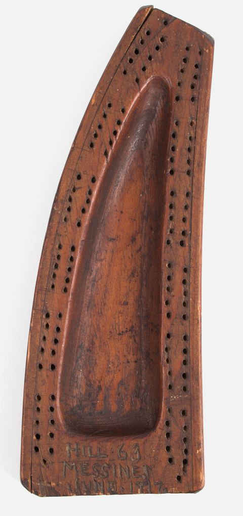 Trench art wooden cribbage board, WW1; possibly made from rifle butt; inscribed with location made "HILL 63 - MESSINES - JUNE 1917"