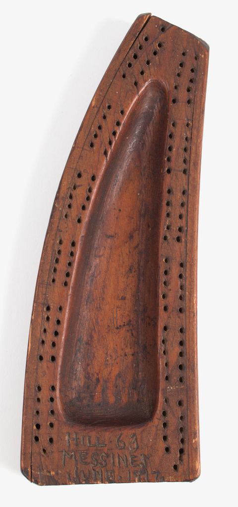 Trench art wooden cribbage board, WW1; possibly made from rifle butt; inscribed with location made "HILL 63 - MESSINES - JUNE 1917"