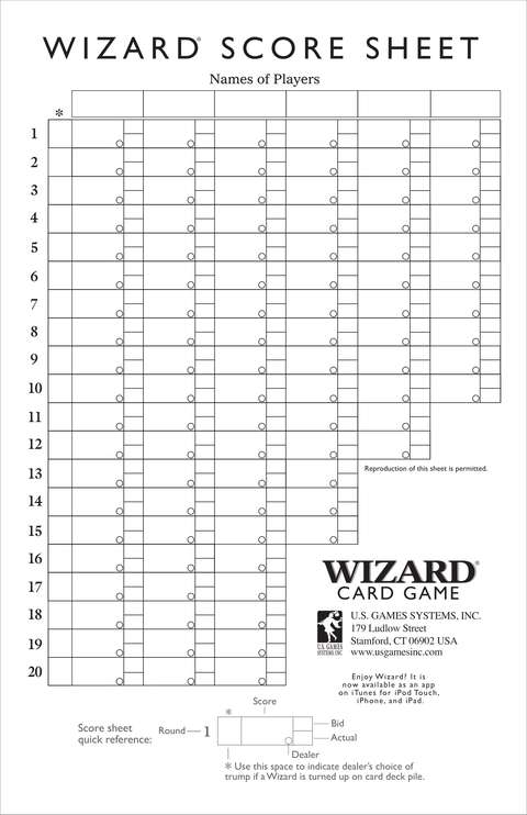 Scorecard of the trick-taking game Wizard .