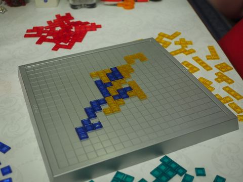 A two-player game of Blokus played with only two colours, with a smaller area of the board in play (14×14 instead of 20×20) at a private apartment in Helsinki, Finland.