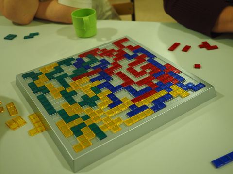 A four-player game of Blokus at the end of play, played at a special board game weekend camp in Kirkkonummi, Finland.