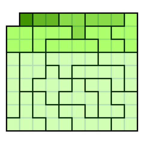 Blocks tiles of one colour packed into a 10×9 rectangle by CMG Lee.