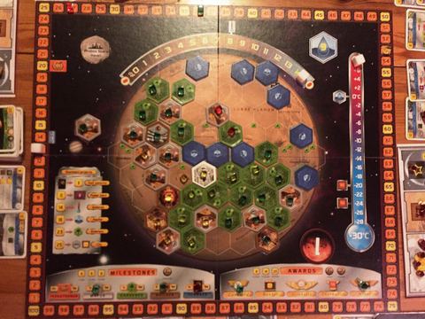 Terraforming Mars spelplan när de tre terraformingkategorierna syre, temperatur och vatten har nått sina högsta nivåer och spelet avslutas.