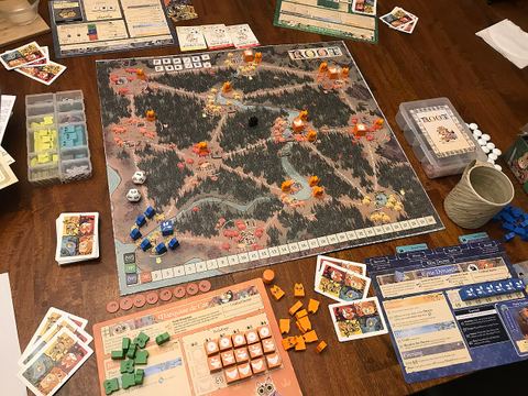 Partway into turn 1, using my custom building tokens