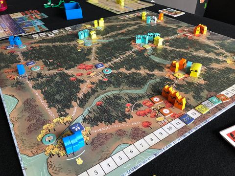 Root with four players plus Mechanical Marquise 2.0. Lizards won the game.