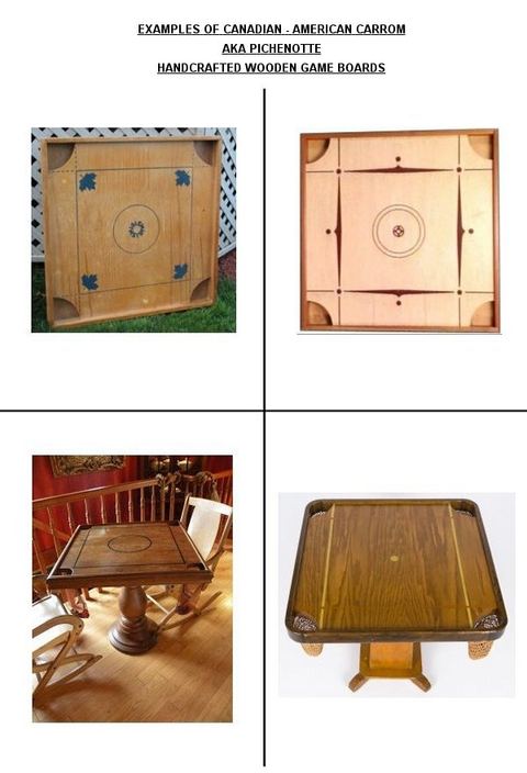 FOUR EXAMPLES OF SQUARE CANADIAN - AMERICAN CARROM GAME BOARDS 'AKA' PICHENOTTE SHOWING TWO MOUNTED ON STANDS. THESE DISK-FLICKING GAMES ARE PLAYED EITHER USING FINGER FLICKING OR SMALL CUE STICKS