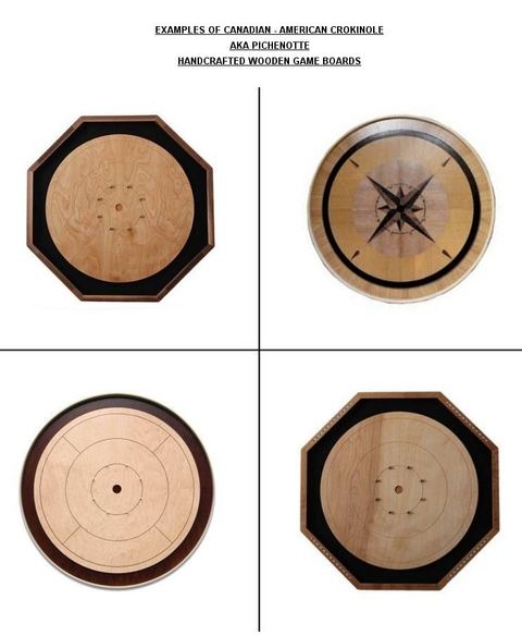 FOUR EXAMPLES OF CANADIAN - AMERICAN CROKINOLE GAME BOARDS 'AKA' PICHENOTTE SHOWING BOARDS FROM ABOVE. THESE DISK-FLICKING GAMES ARE PLAYED EITHER USING FINGER FLICKING OR SMALL CUE STICKS
