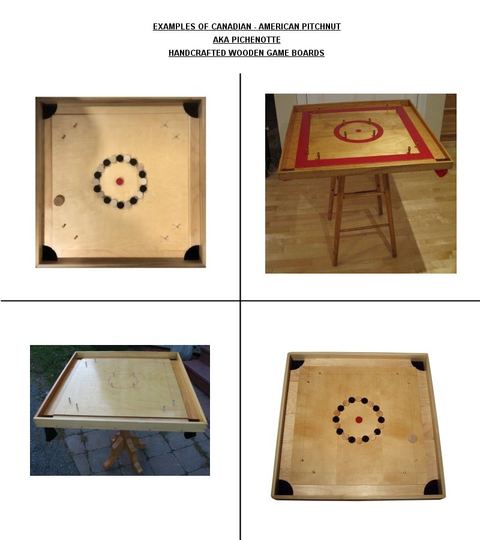 FOUR EXAMPLES OF CANADIAN - AMERICAN CARROM GAME BOARDS 'AKA' PICHENOTTE SHOWING TWO MOUNTED ON STANDS. THESE DISK-FLICKING GAMES ARE PLAYED EITHER USING FINGER FLICKING OR SMALL CUE STICKS