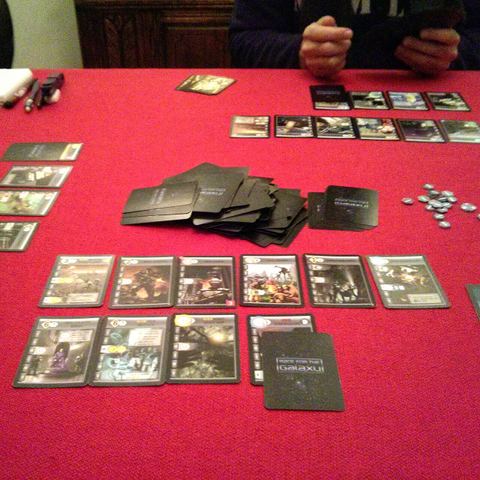 Gameplay shot of Race for the Galaxy . The closest tableau has 10 cards in it, indicating this is the late game.