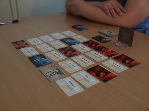 A game of Codenames (version translated to Finnish) in the middle of play during a boardgame weekend in Viikki, Helsinki, Finland.