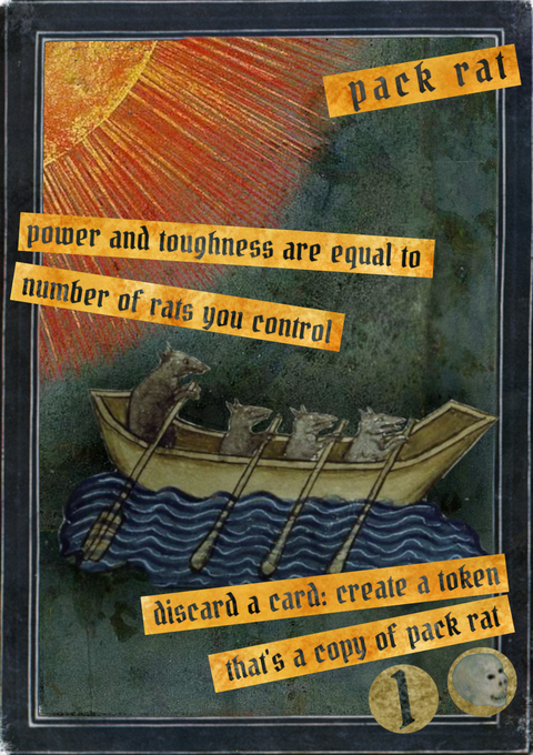 A Magic the Gathering proxy card of Pack Rat created in a collage style by Conjured Craft, published with permission by the artist who has released it under public domain