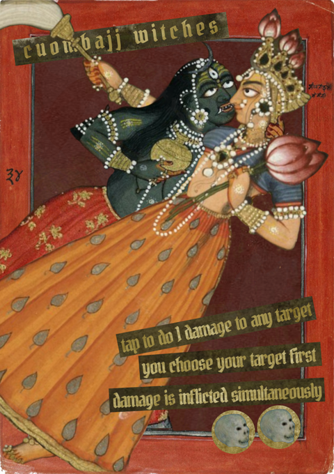 A Magic the Gathering proxy card of Cuombajj Witches created in a collage style by Conjured Craft, published with permission by the artist who has released it under public domain