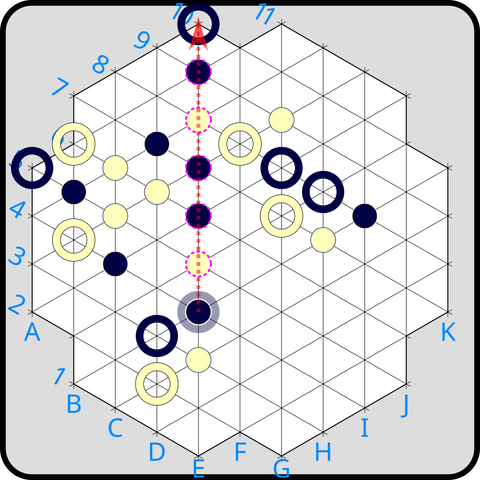 Aftermath of move (B)E4->E10. The marker at E4 remains black, but the other markers along E have flipped color.