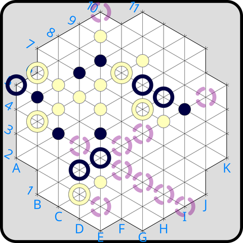 Potential moves of (B)E4. Clockwise, starting from the move straight up along E10: E10 is the first open space and is the only possible move in this direction. F5, G6, or J9 are possible. Since J9 is the first open space after moving over markers, K10 is not possible. F4, G4, H4, or I4 are possible. All are open spaces. E2 is the only possible move, as the first open space after moving over a marker. No moves are possible, as the path past D3 is blocked by a ring. D4 is the only possible move. There is no free space immediately after the marker at C4.