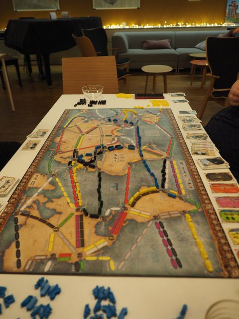A three-player game of Ticket to Ride: Rails and Sails in the middle of play in Jätkäsaari, Helsinki, Finland.