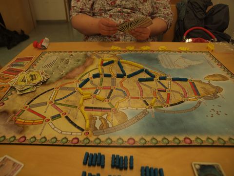 A two-player game of Ticket to Ride: India being played at a free board game event in Herttoniemi, Helsinki, Uusimaa, Finland.
