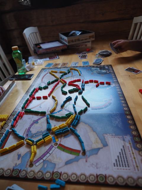 A game of Ticket to Ride Asia at the end of play, played at a special board game weekend in Korpilampi, Espoo, Finland.