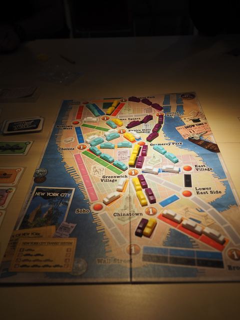 A game of Ticket to Ride New York at the end of play, played at the Espoo Cultural Centre in Tapiola, Espoo, Finland.