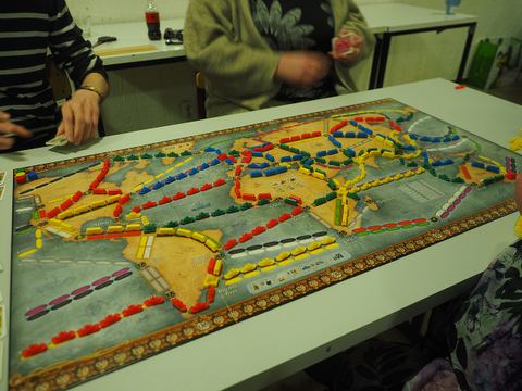 A four-player game of Ticket to Ride Rails and Sails at the end of play, played at a special board game camp in Kirkkonummi, Finland.